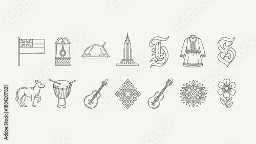 Collection of diverse line art icons representing culture, tradition, and symbols