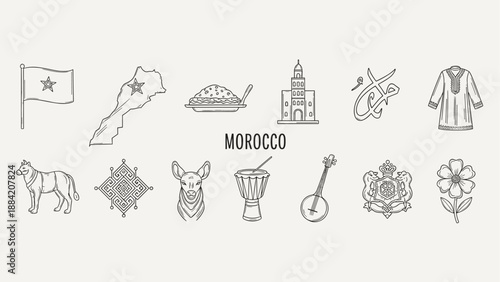 Collection of Moroccan cultural symbols and landmarks in a simple line art style