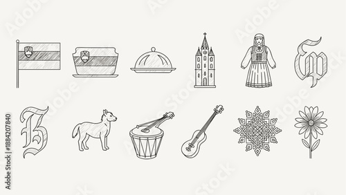 Collection of hand-drawn icons representing Slovenian culture and symbols