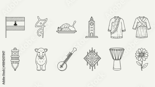 Collection of Lesotho cultural symbols and landmarks in a minimalist line art style