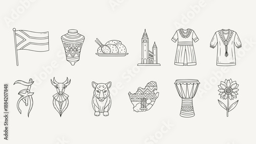 South African cultural icons line art set with flag, wildlife, traditional dress and artifacts