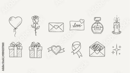 Collection of hand-drawn romantic icons for Valentine's Day and love themes