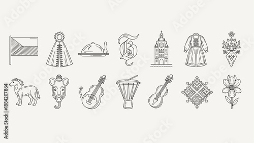 Collection of Czech cultural symbols and icons in a minimalist line art style
