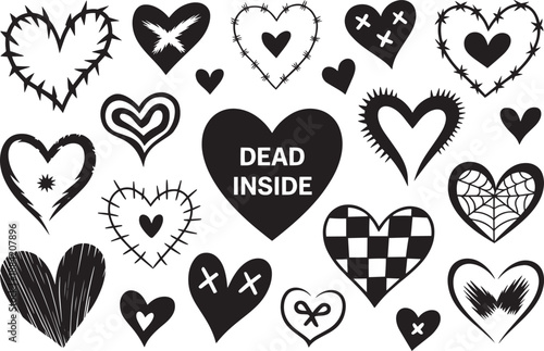 Black Hearts with Crosses and Stitches on White Background