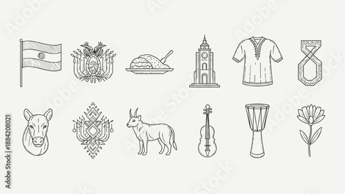 Collection of cultural symbols and elements from Bolivia, presented in a line art style