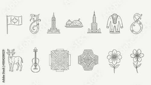 Collection of diverse line art icons representing culture, nature, and landmarks