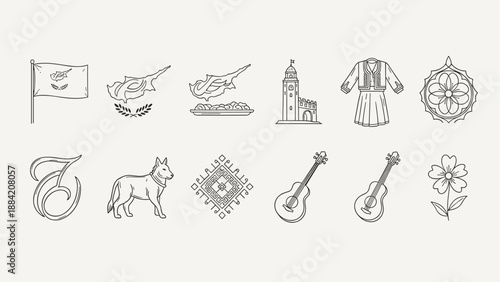 Collection of Cyprus cultural symbols and landmarks in a minimalist line art style