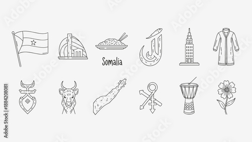 Somalia cultural icons and symbols in a clean line art illustration