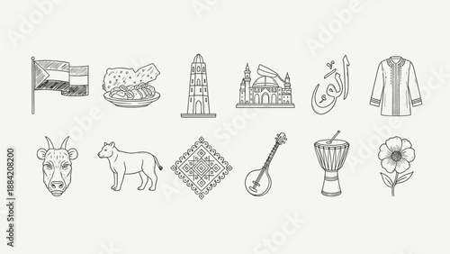 Collection of Sudanese cultural symbols and landmarks in a hand-drawn sketch style
