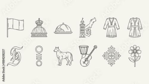 Collection of cultural symbols and icons in a simple line art style