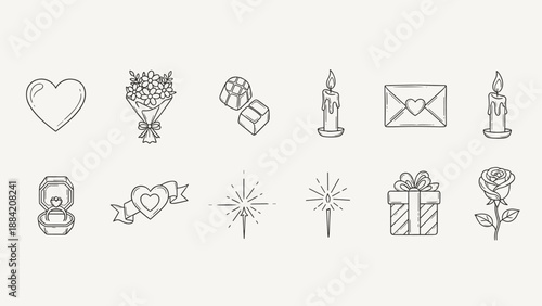 Collection of romantic icons for Valentine's Day, weddings, and anniversaries