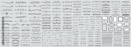 Collection of hand drawn wedding dividers. Vector calligraphic lines, vintage borders and floral laurels. Vector isolated flourish ink elements.