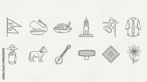 Collection of Nepal cultural symbols and landmarks in a simple line art style
