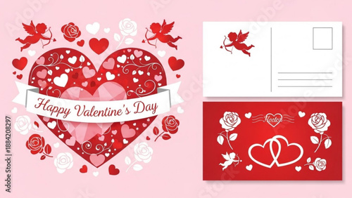 Valentine's day greeting card with hearts roses and cupid on pink background for love and romance
