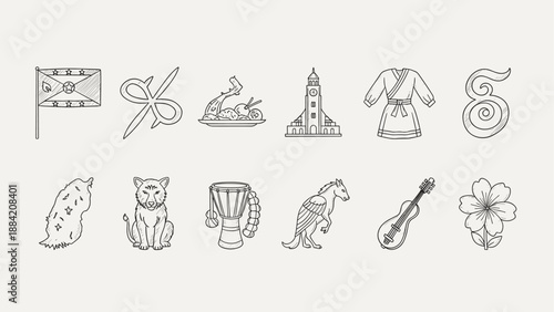 Collection of hand-drawn icons representing diverse cultural symbols and elements