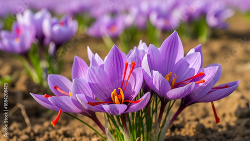 Purple saffron flowers blooming in a field with red stigmas and yellow stamens. Realistic photo of a valuable spice plant for agriculture, nature, and herbal concepts.