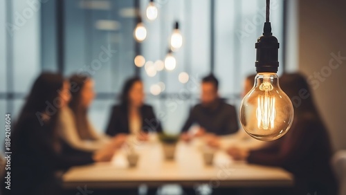 Glowing incandescent light bulb in the foreground with a blurred business meeting in a modern conference room.