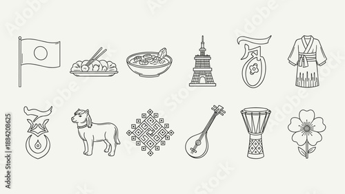 Collection of Japanese cultural icons and symbols in a clean line art style