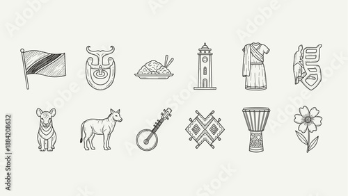 Collection of hand-drawn icons representing Tanzanian culture and landmarks