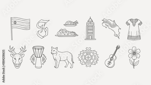 Collection of hand-drawn icons representing Costa Rican culture and nature
