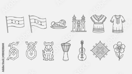 Honduras cultural symbols and landmarks in a line art collection