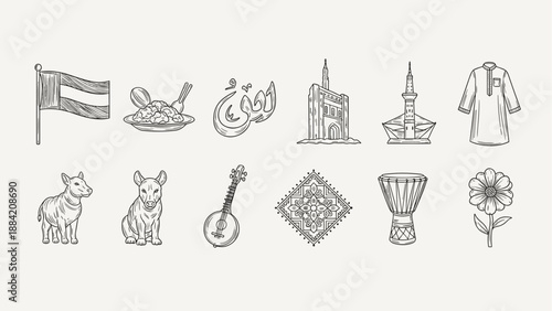 Medieval icons with animals, castles, flags, music instruments, and decorative ornaments