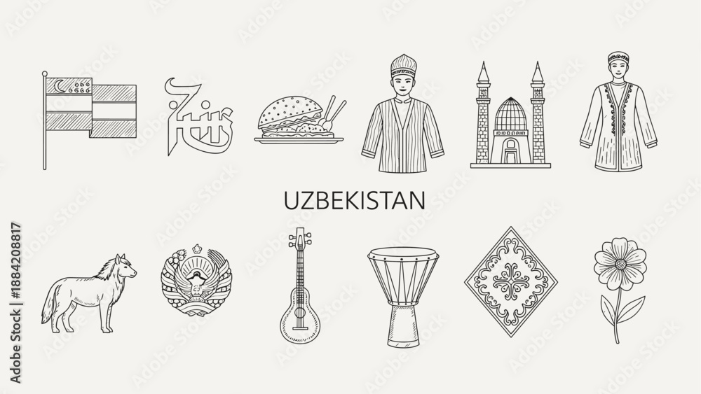 Fototapeta premium Collection of Uzbekistan national symbols and cultural icons in a line art style