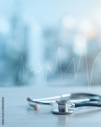 Stethoscope on desk with ECG heartbeat line, modern healthcare and medical technology background with copy space