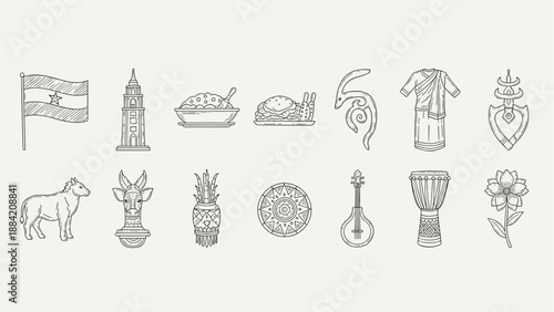 Collection of Ghanaian cultural symbols and landmarks in a simple line art style