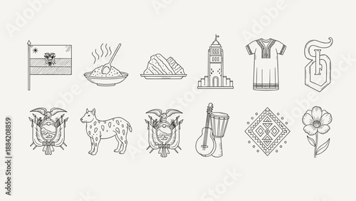 Ecuadorian cultural symbols and landmarks in a hand-drawn outline style