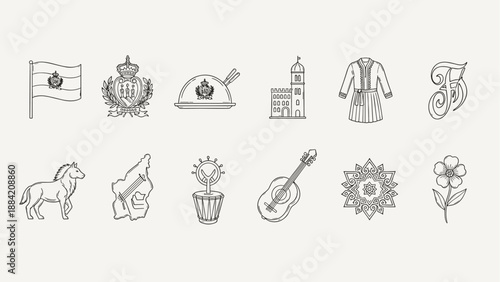 Collection of line art icons representing national symbols and cultural elements