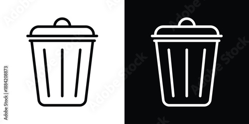 Minimalist trash can icons in black and white, ideal for UI design, app interfaces, and digital platforms. Clean vector style with lid and vertical lines symbolizing delete or remove functions.