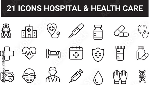Health care line editable icon set. Hospital and health care vector. Vector illustration in modern thin line style of medical icons.
