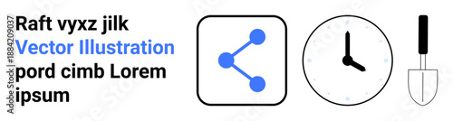 Social media, time management, gardening, communication, productivity, connection. Icon set with a sharing symbol, clock and gardening trowel. Social media and time management concept