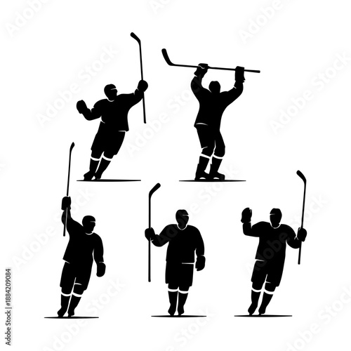 Dynamic silhouettes of ice hockey players in various action poses on a white background