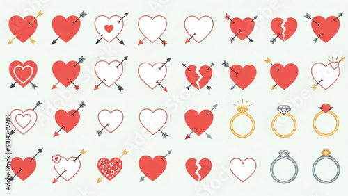 Collection of heart and ring icons in various styles and emotions on white background for love and valentine's day concepts