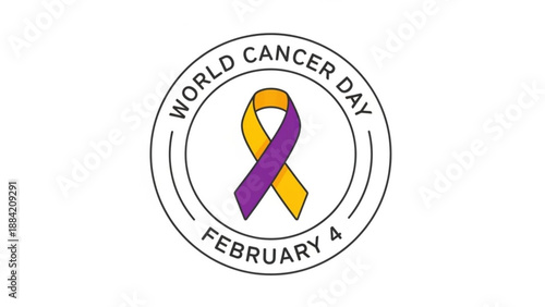 World cancer day awareness ribbon logo with purple and yellow colors on white background