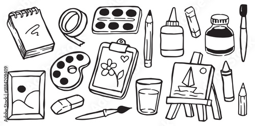 set of equipment for drawing and painting. Doodle style illustrations.