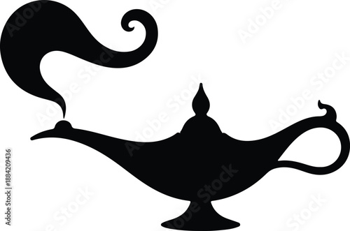  Black silhouette of a genie lamp with swirling smoke