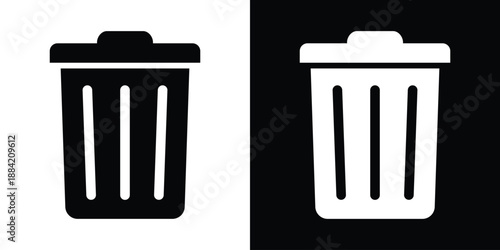Minimalist trash can icons in black and white, ideal for UI design, app interfaces, and digital platforms. Clean vector style with lid and vertical lines symbolizing delete or remove functions.