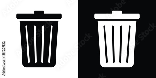 Minimalist trash can icons in black and white, ideal for UI design, app interfaces, and digital platforms. Clean vector style with lid and vertical lines symbolizing delete or remove functions.