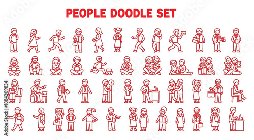 Vector illustration set of forty red line‑art doodles showing diverse people in everyday activities such as reading, dancing, cooking, working, and playing music for design, education, lifestyle theme