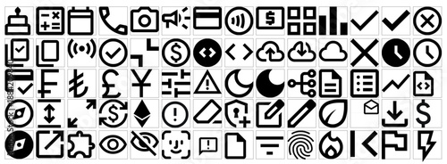 Large collection of black linear icons for web and mobile UI design, vector interface elements set