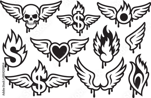 Tattoo Wing Symbols with Skull, Dollar Sign, Heart and and Flame