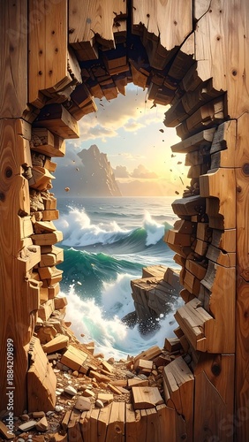 Ocean waves crash through a splintered wooden wall, revealing a seascape and mountains under a bright sky