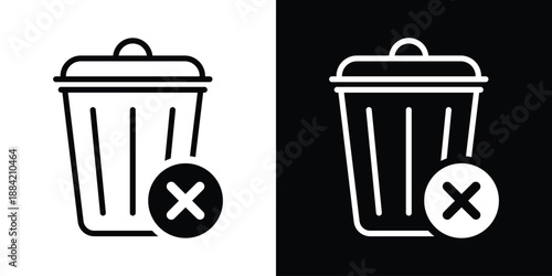 Minimal trash can icons with delete symbol overlays in black and white. Ideal for UI design, app interfaces, and digital platforms. Clean vector style for modern user experience visuals.