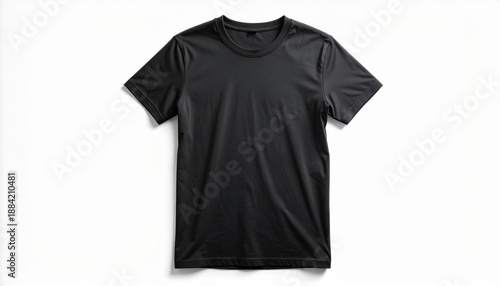 Black short-sleeved T-shirt on a plain white background with creases and shadows, presented in a flat lay style.