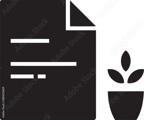 Black Document Icon with Plant on White Background