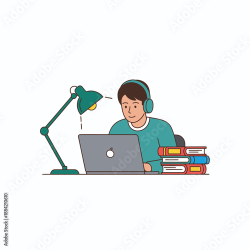 Man Wearing Headphones Working on Laptop.
