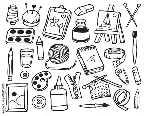 set of illustrations of hobby accessories. Knitting, drawing, painting, and creativity. Vector illustrations in doodle style.